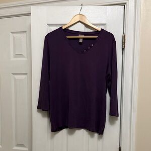 Chico's Deep Purple 3/4 Sleeve V-Neck Top